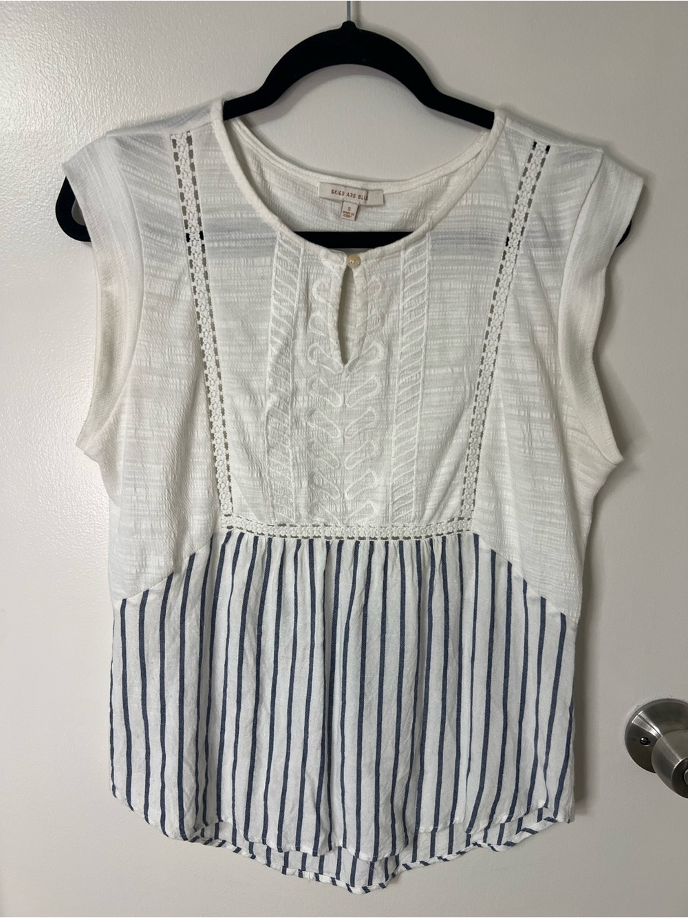 White Top with Navy Vertical Stripes and Crochet Yoke Peasant Top 4th of July